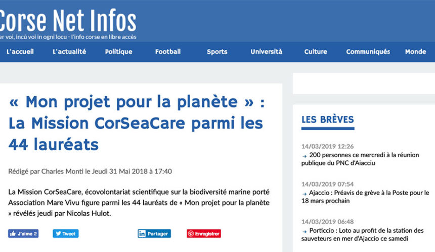 « Mon projet pour la planète »  : La Mission CorSeaCare parmi les 44 lauréats